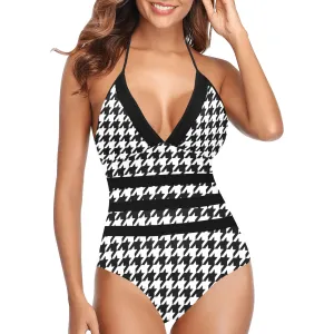 Houndstooth Lace Swimsuit Women, Pattern Black White One Piece Band Embossing Cute Designer Bathing Suit Padded Cups Plus Size